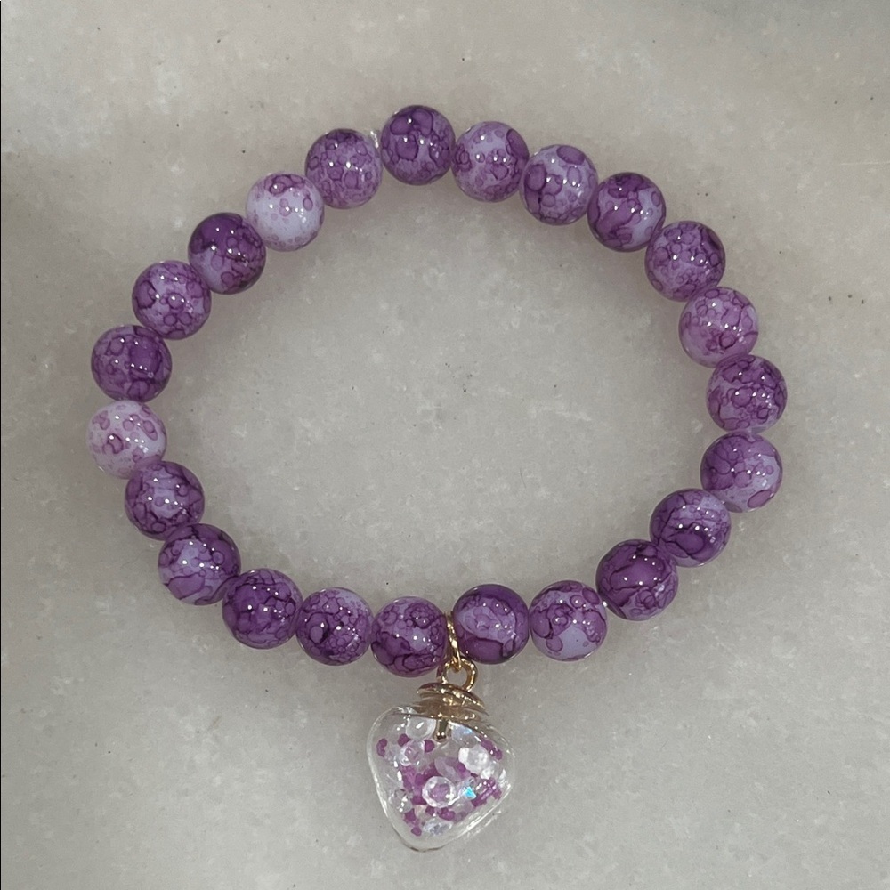 Purple Beaded Bracelet with Heart Charm